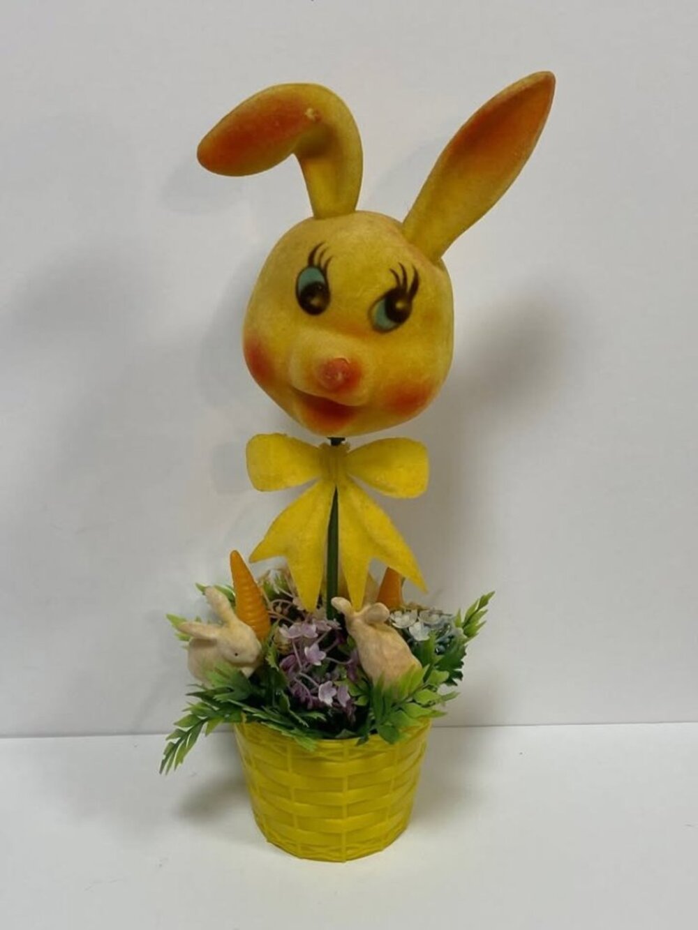 Vintage Flocked Yellow Easter Bunny Rabbit Basket Decoration 14" Tall